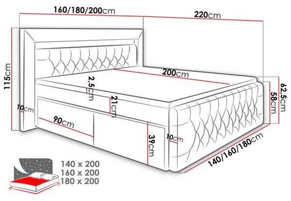 Boxspringová postel s LED osvětlením a dvěma šuplíky 180x200 DELBIN - šedá + topper ZDARMA