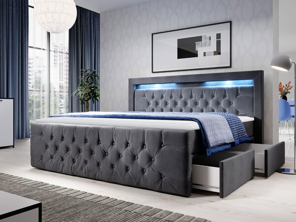 Boxspringová postel s LED osvětlením a dvěma šuplíky 180x200 DELBIN - šedá + topper ZDARMA