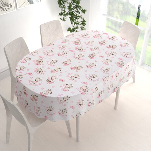 Biante Dětský bavlněný oválný ubrus Sandra SA-438 Růžové žirafy na bílém 60x100 cm