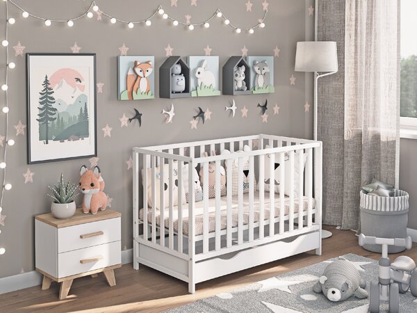 Dětská postýlka Lulu Lux 120x60 se zásuvkou – praktická, dřevěná, s nastavitelnou výškou a ochrannými lištami Druh matrace: pěnová matrace 60x120x6cm +599kč