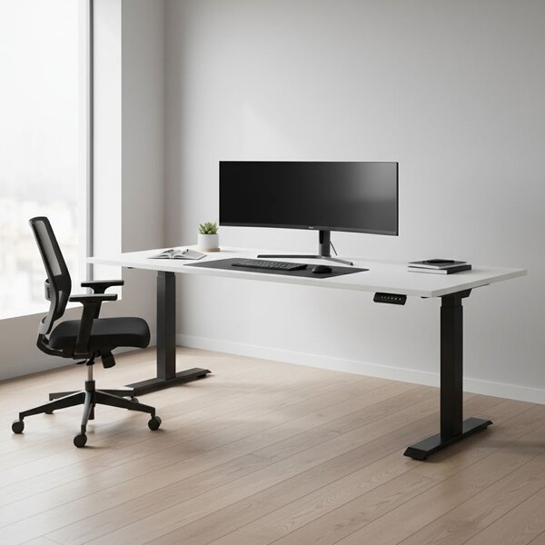 Výškově nastavitelný stůl OfficeTech Long, 240 x 80 cm, černá podnož, světle šedá