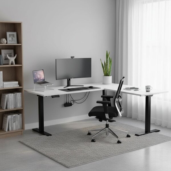 Výškově nastavitelný stůl OfficeTech Angle, 180 x 200 cm, černá podnož, bílá
