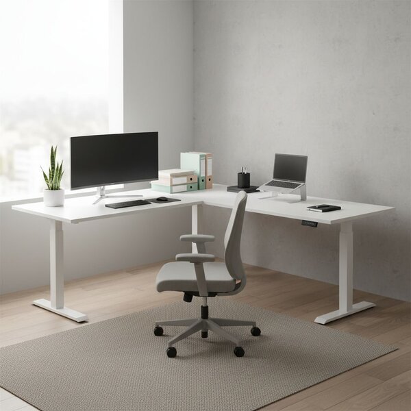 Výškově nastavitelný stůl OfficeTech Angle, 180 x 200 cm, bílá podnož, světle šedá