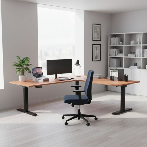Výškově nastavitelný stůl OfficeTech Angle, 180 x 200 cm, černá podnož, třešeň