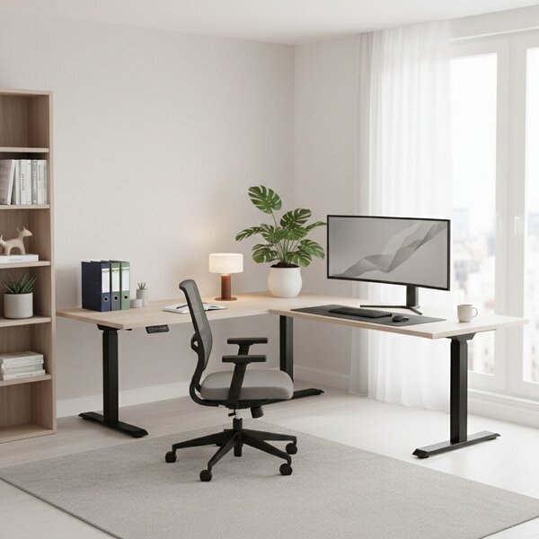 Výškově nastavitelný stůl OfficeTech Angle, 180 x 200 cm, černá podnož, dub