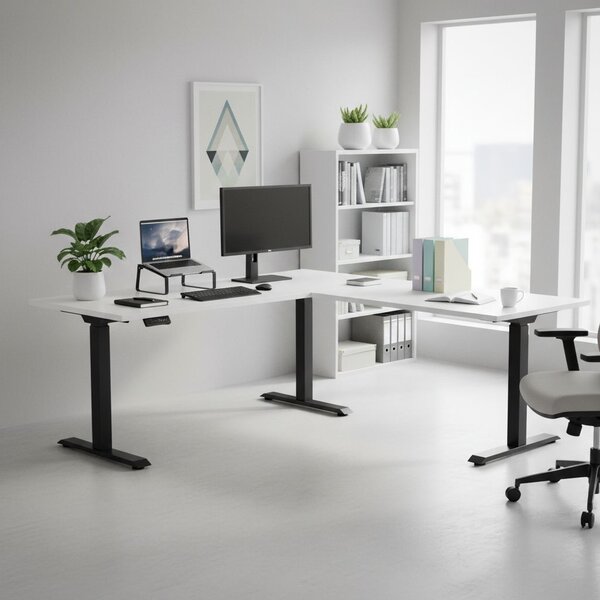 Výškově nastavitelný stůl OfficeTech Angle, 180 x 200 cm, černá podnož, světle šedá