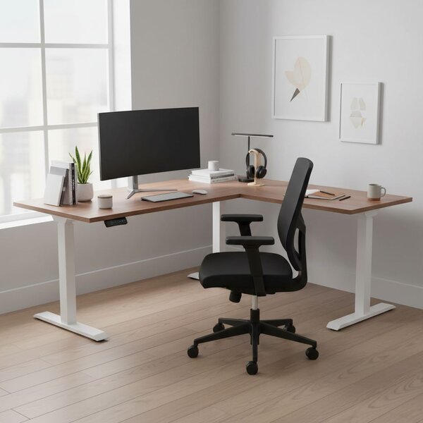 Výškově nastavitelný stůl OfficeTech Angle, 180 x 200 cm, bílá podnož, ořech
