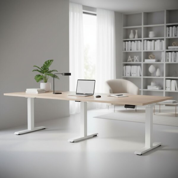 Výškově nastavitelný stůl OfficeTech Long, 240 x 80 cm, bílá podnož, dub