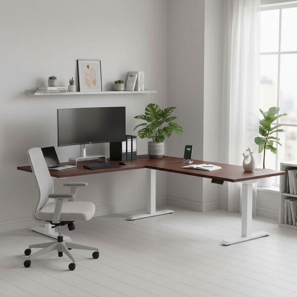 Výškově nastavitelný stůl OfficeTech Angle, 180 x 200 cm, bílá podnož, wenge