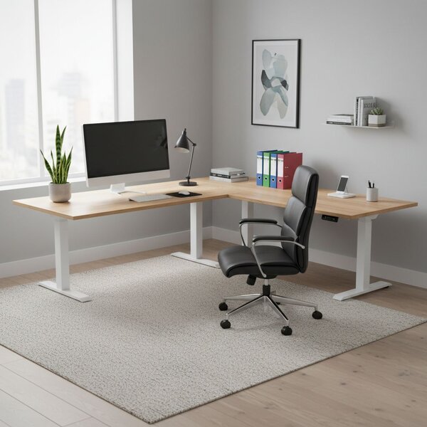 Výškově nastavitelný stůl OfficeTech Angle, 180 x 200 cm, bílá podnož, dub kraft