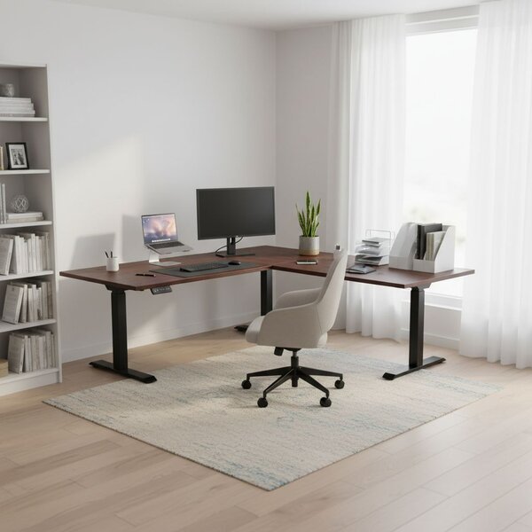 Výškově nastavitelný stůl OfficeTech Angle, 180 x 200 cm, černá podnož, wenge