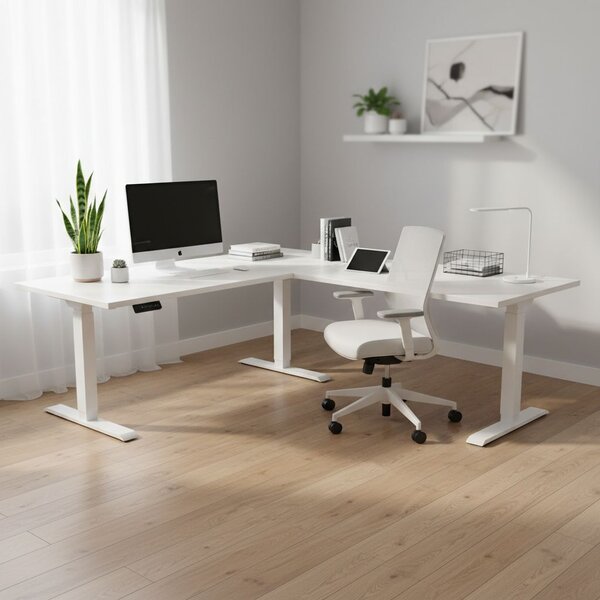 Výškově nastavitelný stůl OfficeTech Angle, 180 x 200 cm, bílá podnož, bílý jasan