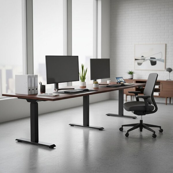Výškově nastavitelný stůl OfficeTech Long, 260 x 80 cm, černá podnož, wenge
