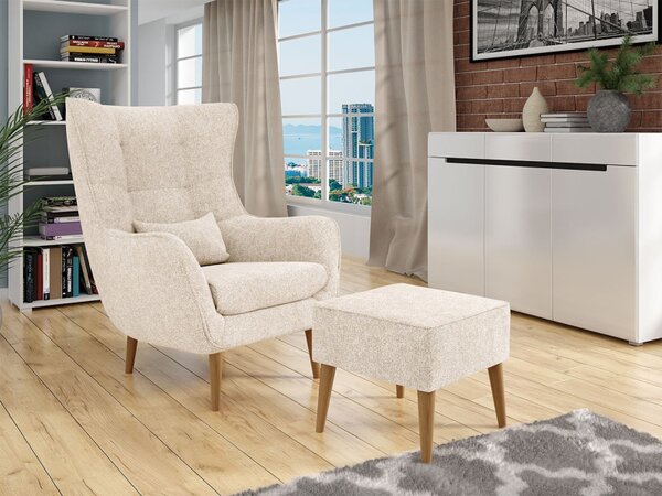 Designové křeslo ušák s taburetkou LEVI - béžové
