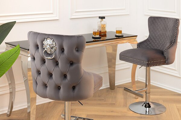 Designová barová židle Queen Lví hlava šedý samet