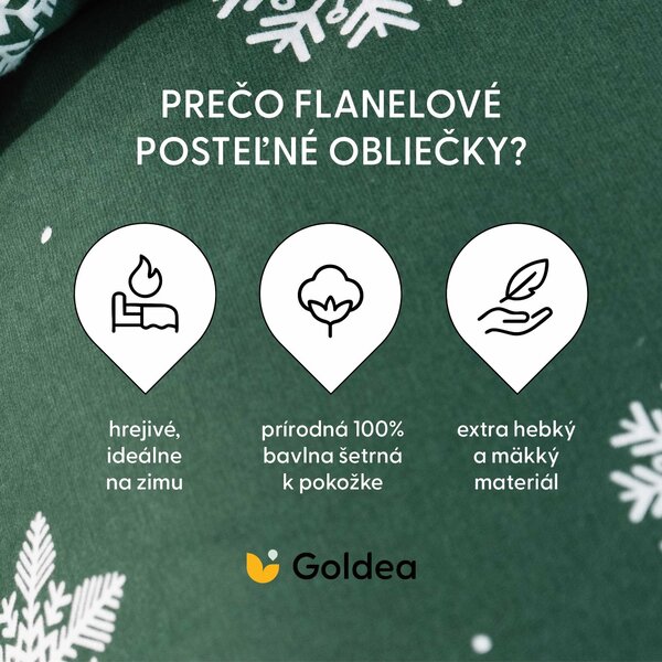 Goldea flanelové povlečení - sněhové vločky na zelené 140 x 200 a 70 x 90 cm