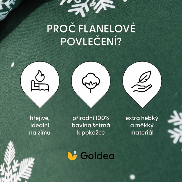 Goldea flanelové povlečení - sněhové vločky na zelené 140 x 200 a 70 x 90 cm