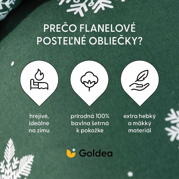 Goldea flanelové povlečení - sněhové vločky na zelené 150 x 200 a 50 x 60 cm