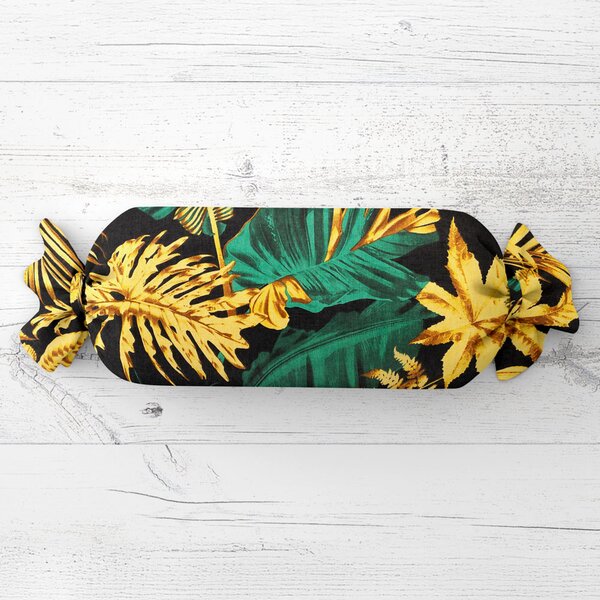 Biante Polštář válec bonbon Sandra SA-603 Zeleno-zlaté tropické listy na černém 15x40 cm
