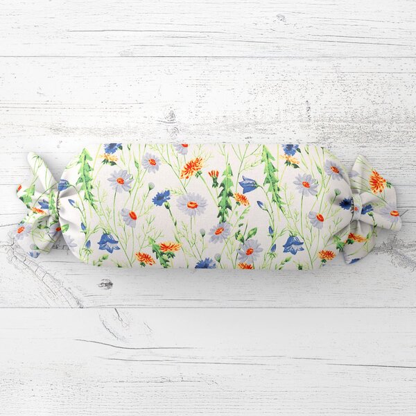 Biante Polštář válec bonbon Sandra SA-601 Kopretiny a zvonky na bílém 15x40 cm