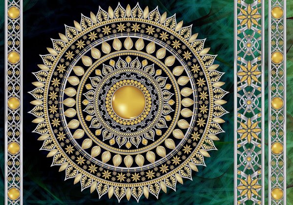 Fototapeta - Zlatá mandala v zelené (152,5x104 cm)