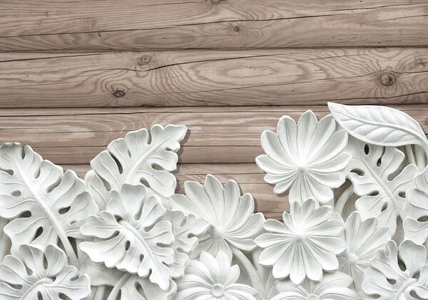 Fototapeta - Alabastrově bílé květiny na dřevěných prken (152,5x104 cm)