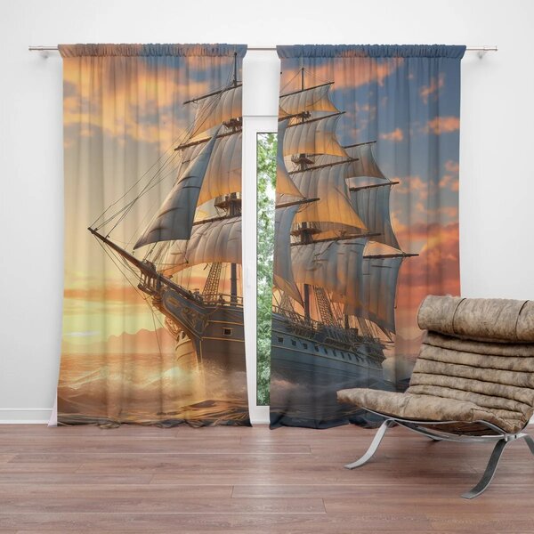 Sablio Závěs Plachetnice ve vlnách při východu slunce: 2ks 140x250cm