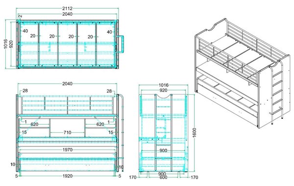 Bílá dvoupatrová postel se stolkem Vipack Bonny 90 x 200 cm