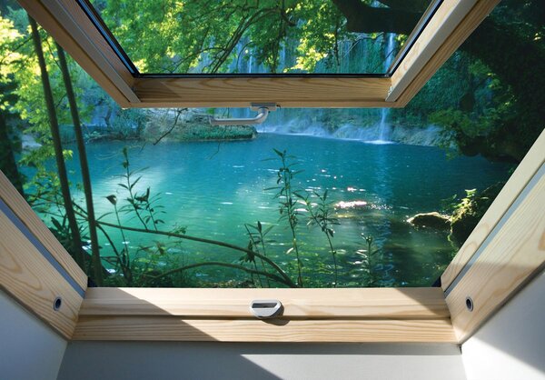 Fototapeta - Pohled z okna na tyrkysové jezero (152,5x104 cm)