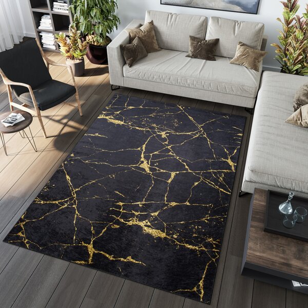 Makro Abra Kusový koberec pratelný TOSCANA 2113 Mramor Abstraktní pogumovaný černý zlatý Rozměr: 80x150 cm