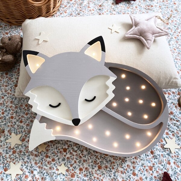 Peekaboo Šedá dřevěná dětská LED lampa Liška 36 cm