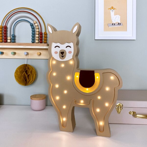 Peekaboo Béžová dřevěná dětská LED lampa Lama 41,5 cm