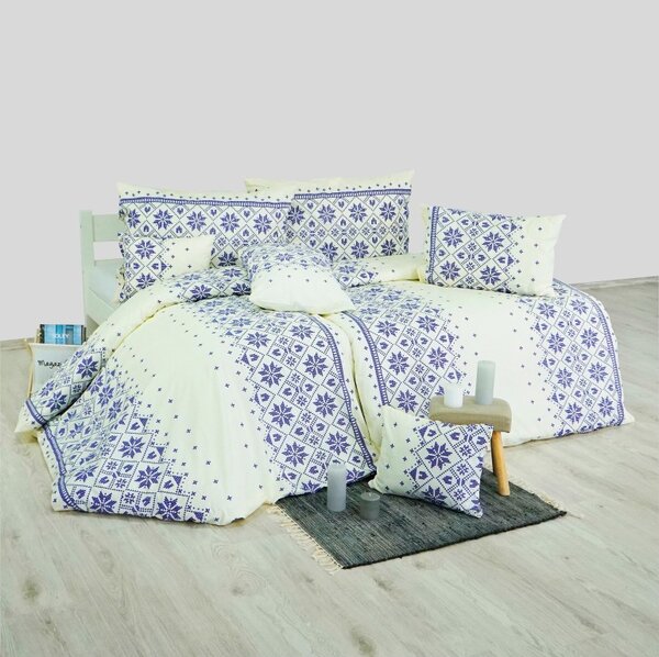 Povlečení bavlněné Etno krémovo-modré EMI, Standardní set jednolůžko obsahuje 1x 140x200 + 1x 70x90