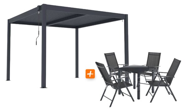 ZAHRADNÍ KOMBO bioklimatická pergola s lamelami BestBerg BBP-9G + Zahradní jídelní set 4+1 BestBerg BBGF-62BK