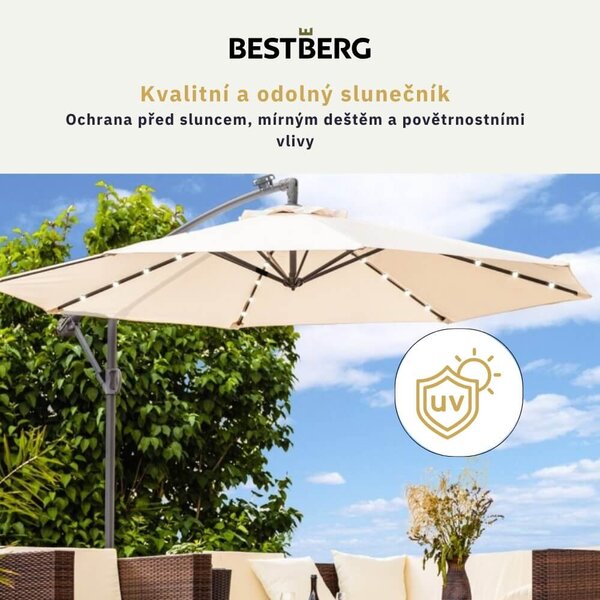 Závěsný slunečník s LED solárním osvětlením BestBerg BBHU-11 / 300 cm / béžová
