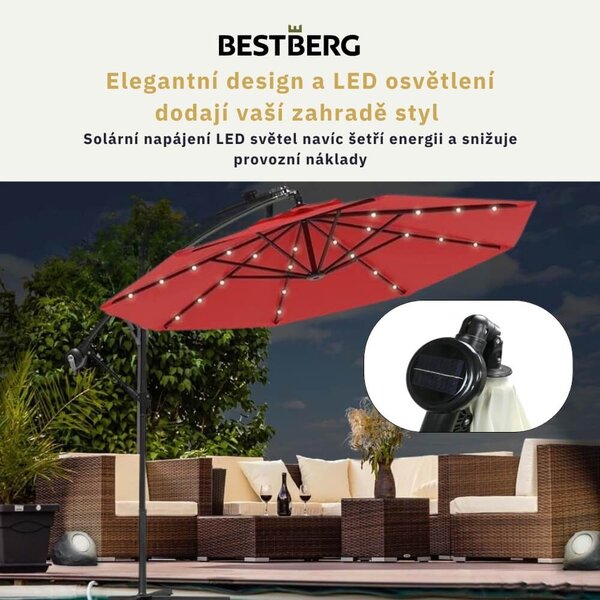 Závěsný slunečník s LED solárním osvětlením BestBerg BBHU-13 / 300 cm / červená