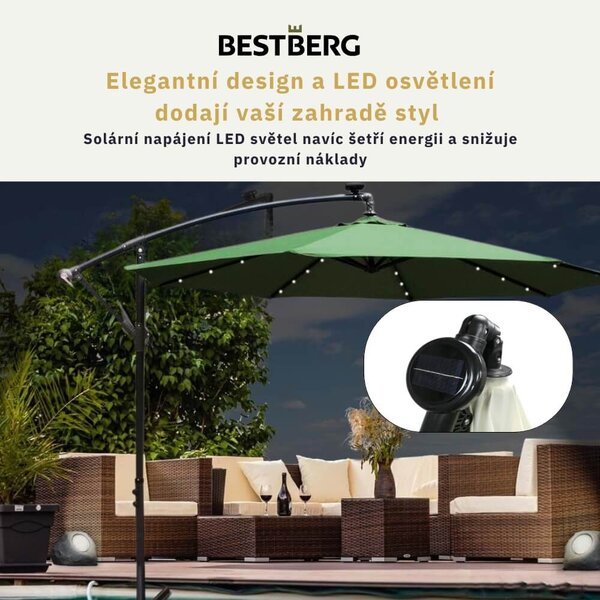 Závěsný slunečník s LED solárním osvětlením BestBerg BBHU-12 / 300 cm / zelená