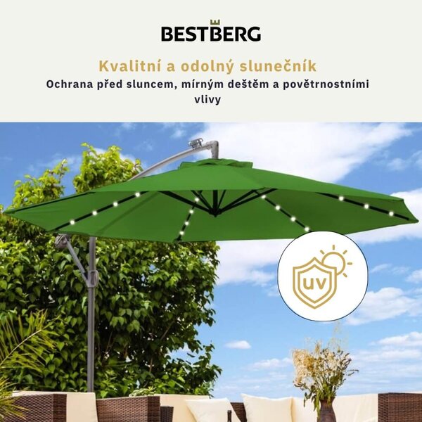 Závěsný slunečník s LED solárním osvětlením BestBerg BBHU-12 / 300 cm / zelená
