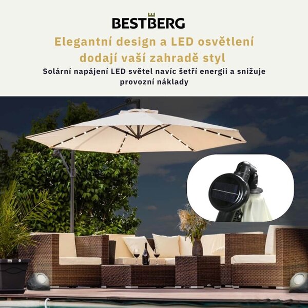 Závěsný slunečník s LED solárním osvětlením BestBerg BBHU-11 / 300 cm / béžová