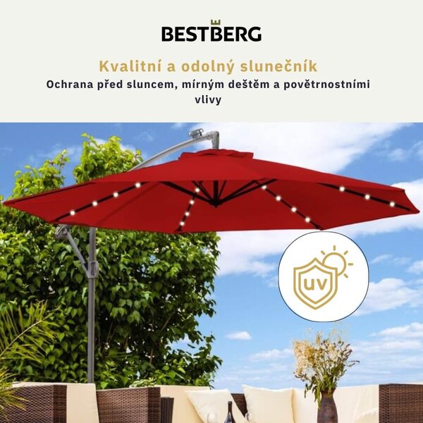 Závěsný slunečník s LED solárním osvětlením BestBerg BBHU-13 / 300 cm / červená