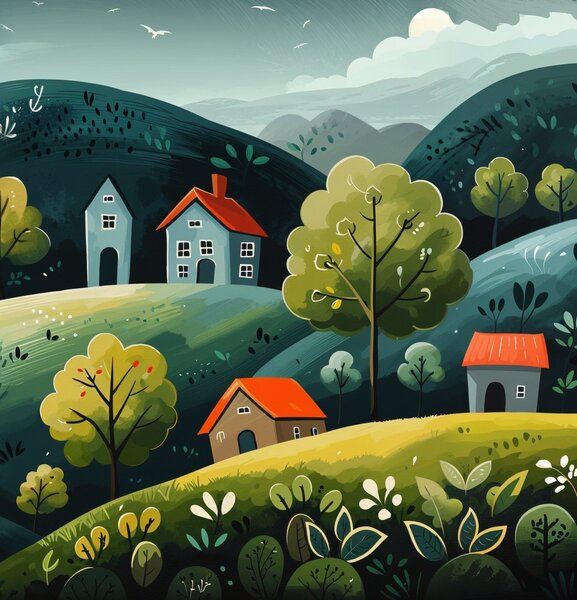 Obraz na plátně - Kopečky s vesnicí Viarel FeelHappy.cz Velikost obrazu (šířka x výška): 120 x 40 cm