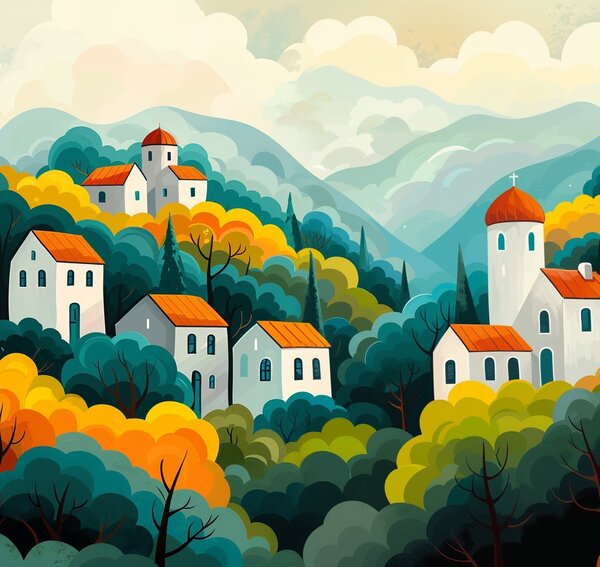 Obraz na plátně - Lesní údolí s vískou Alambra FeelHappy.cz Velikost obrazu (šířka x výška): 120 x 40 cm