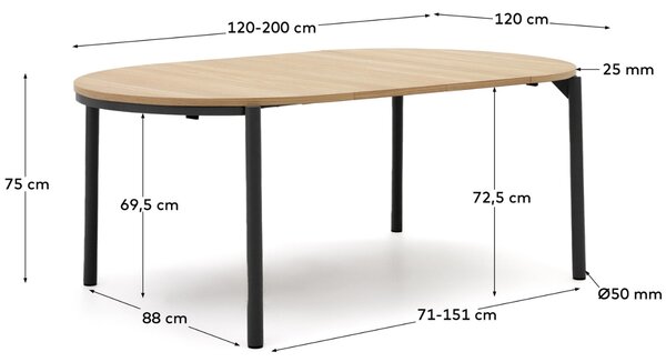 Dubový rozkládací jídelní stůl Kave Home Montuiri 120-200 x 120 cm s černou podnoží