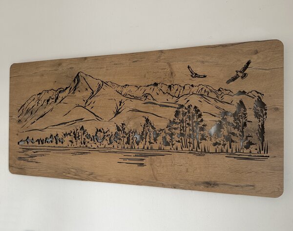 "Hory s ptáky" světelný obraz s baterií 110x50cm varianta ovládání: manuál/pohybové čidlo, provedení povrchu: dub