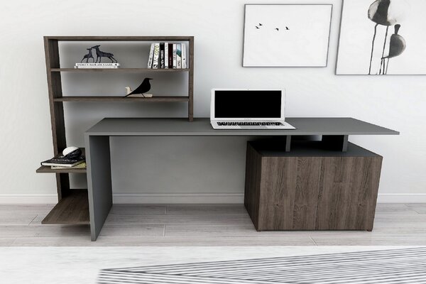 Kalune Design Psací stůl Melis s vestavěným regálem a skříňkou antracitový/ořech