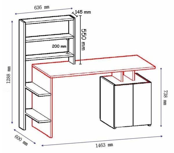 Kalune Design Psací stůl Melis s vestavěným regálem a skříňkou antracitový/ořech