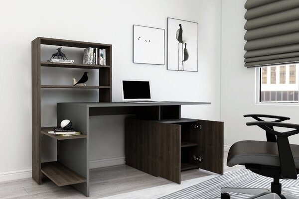 Kalune Design Psací stůl Melis s vestavěným regálem a skříňkou antracitový/ořech