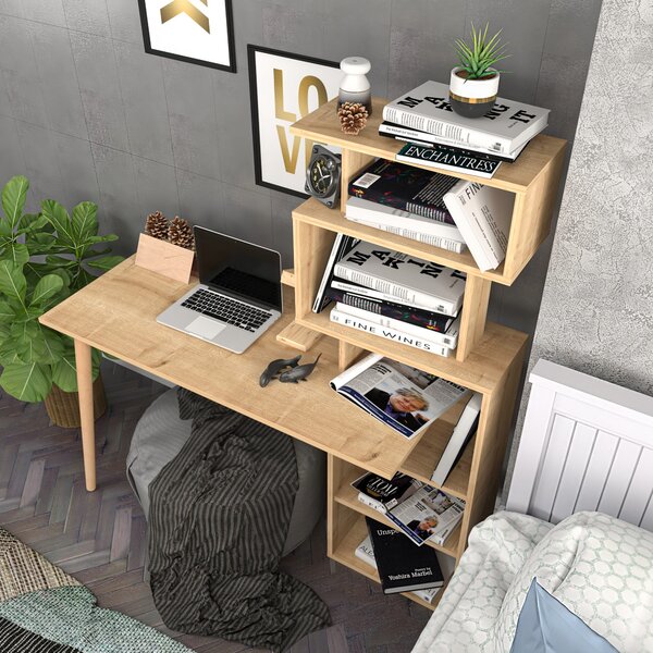Kalune Design Psací stůl VINA s vestavěnou knihovnou dub přírodní