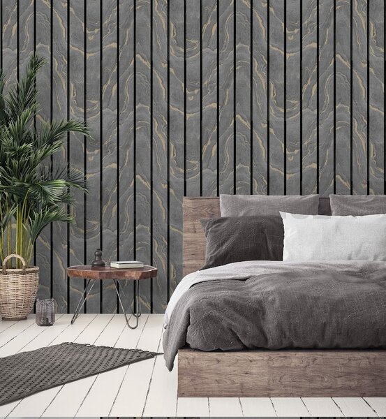 Papírové tapety na zeď IMPOL B18419, rozměr 10,05 m x 0,53 m, dřevěné lamely šedé se stříbrným žíháním, IMPOL TRADE