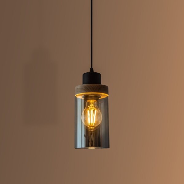 Lustr na lanku WOODNEST 1xE27/15W/230V borovice/kouřová černá